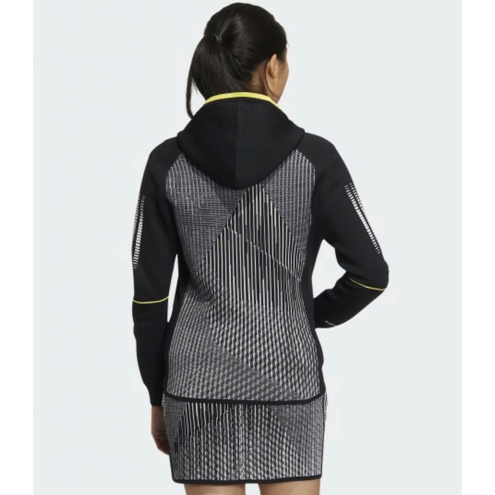 ADIDAS • Black/White/Grey/Yellow Abstract Print Full-Zip Hooded Knit Jacket, S - Picture 2 of 16